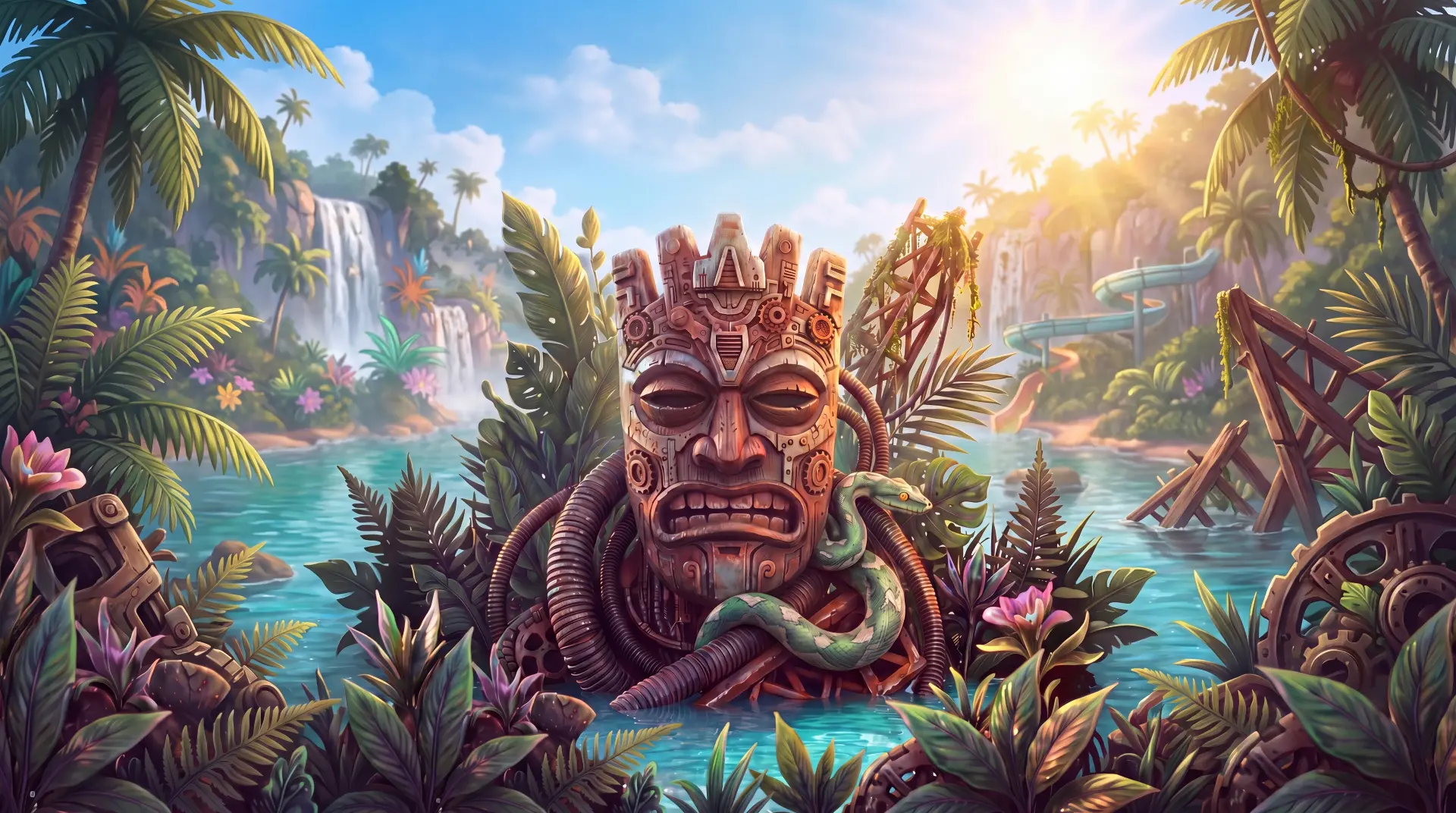Mechanical tiki and snake in Serena Waterpark's tropical landscape