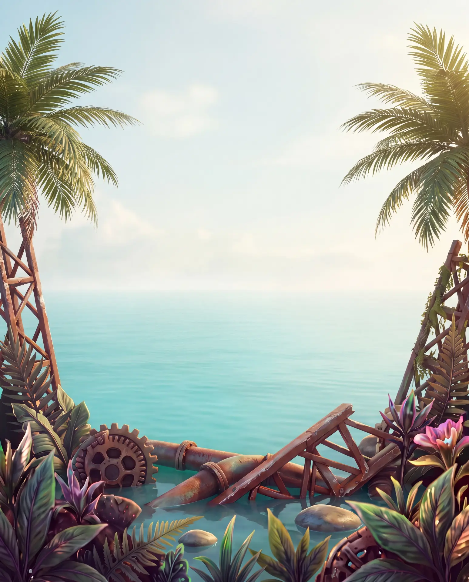 Tropical waterpark landscape with industrial ruins